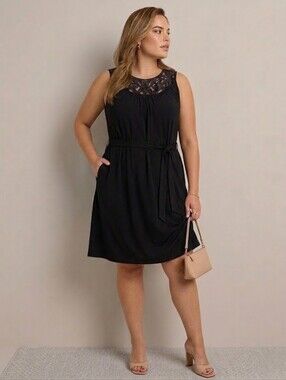Penningtons Size 1X Black Sleeve Dress Sequin Beaded Cut-Out Neckline Tie Waist